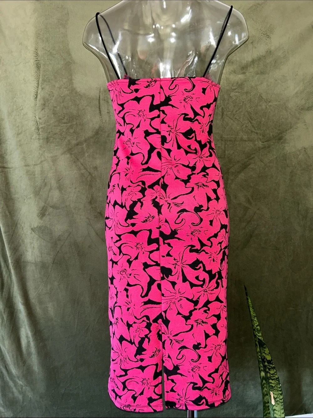 Zara Hot Pink and Black Floral Midi Dress
